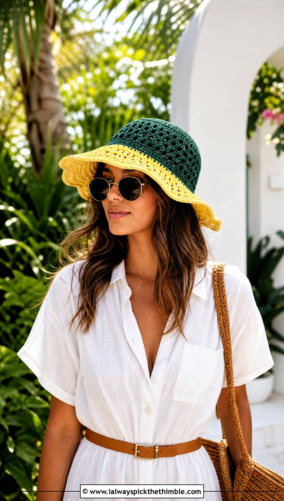 Two Color Crochet Sun Hat With Shirt Dress - 20 two color crochet hat outfit ideas