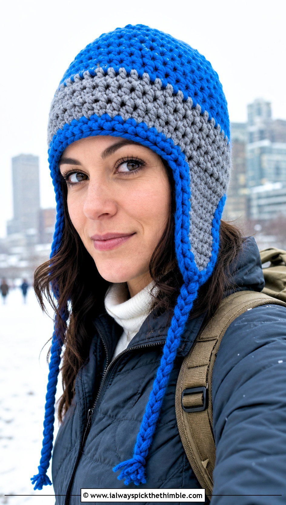 Two Color Crochet Trapper Hat With Quilted Jacket - 20 two color crochet hat outfit ideas