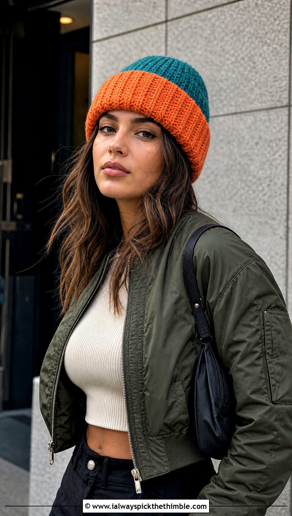 Two Color Cuffed Crochet Beanie With Cargo Pants - 20 two color crochet hat outfit ideas