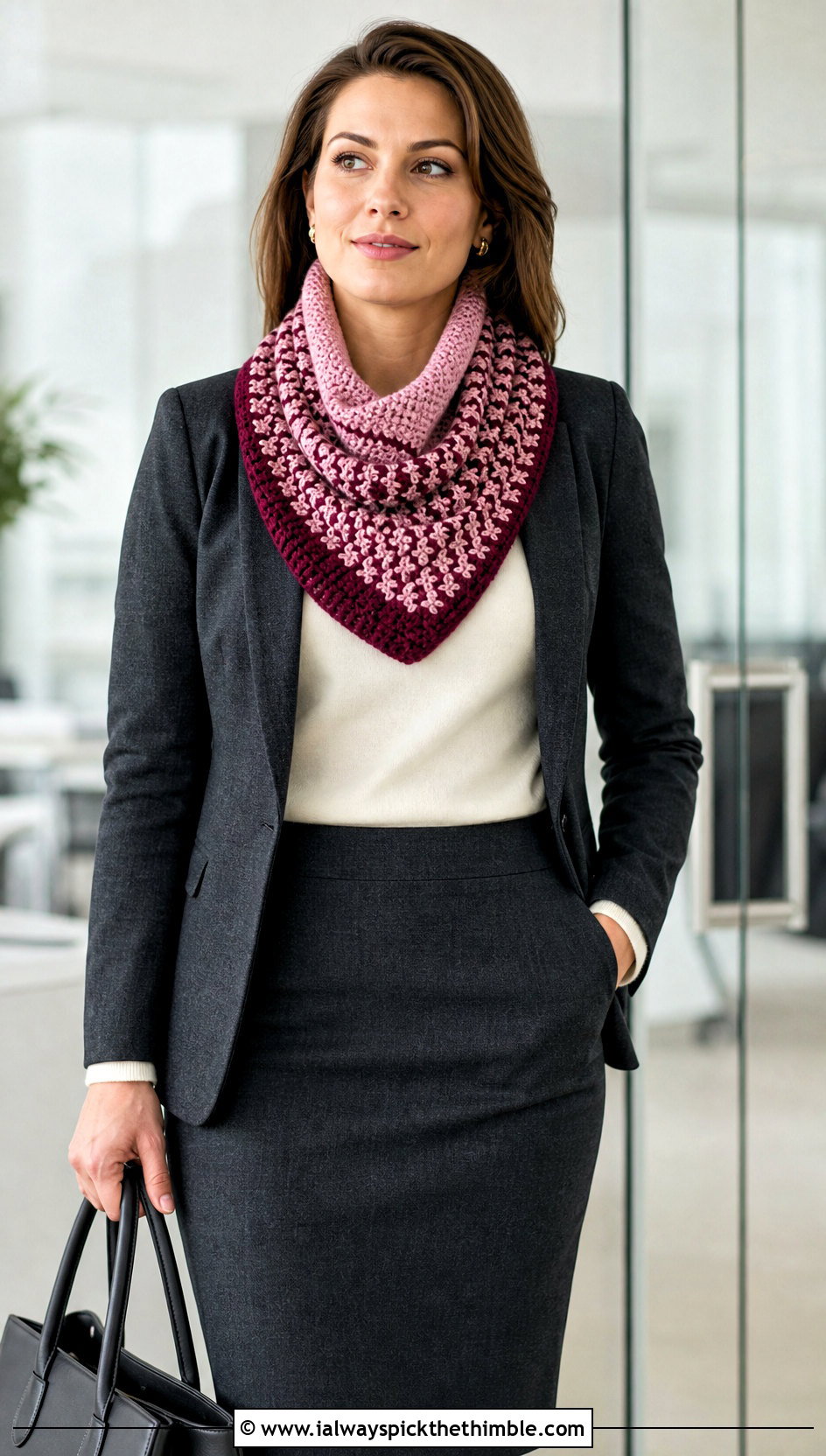 Two Color Fable Crochet Cowl With Blazer And Pencil Skirt - 20 fable crochet cowl outfit ideas