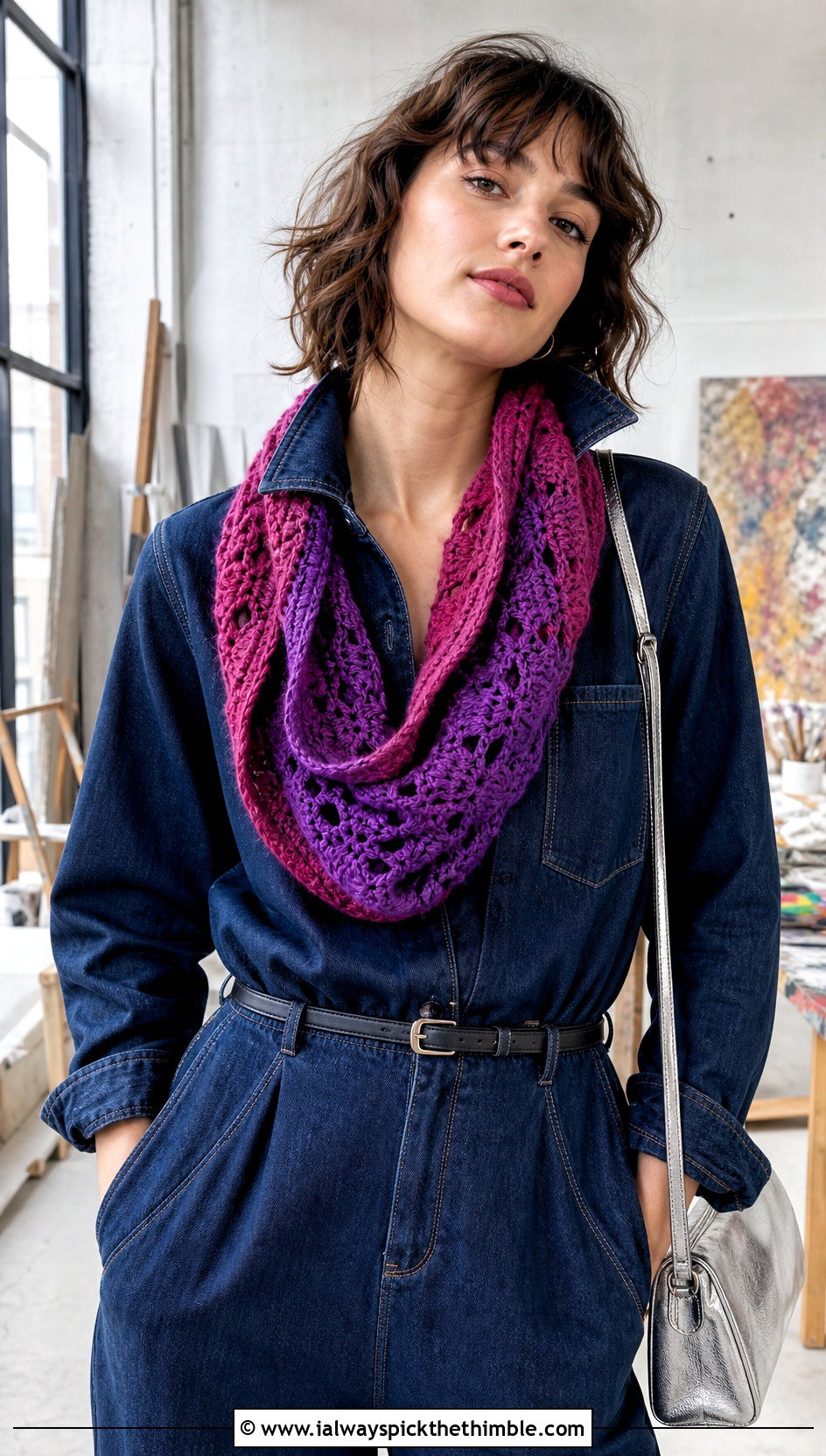 Two Color Fable Crochet Cowl With Denim Jumpsuit And Ankle Boots - 20 fable crochet cowl outfit ideas