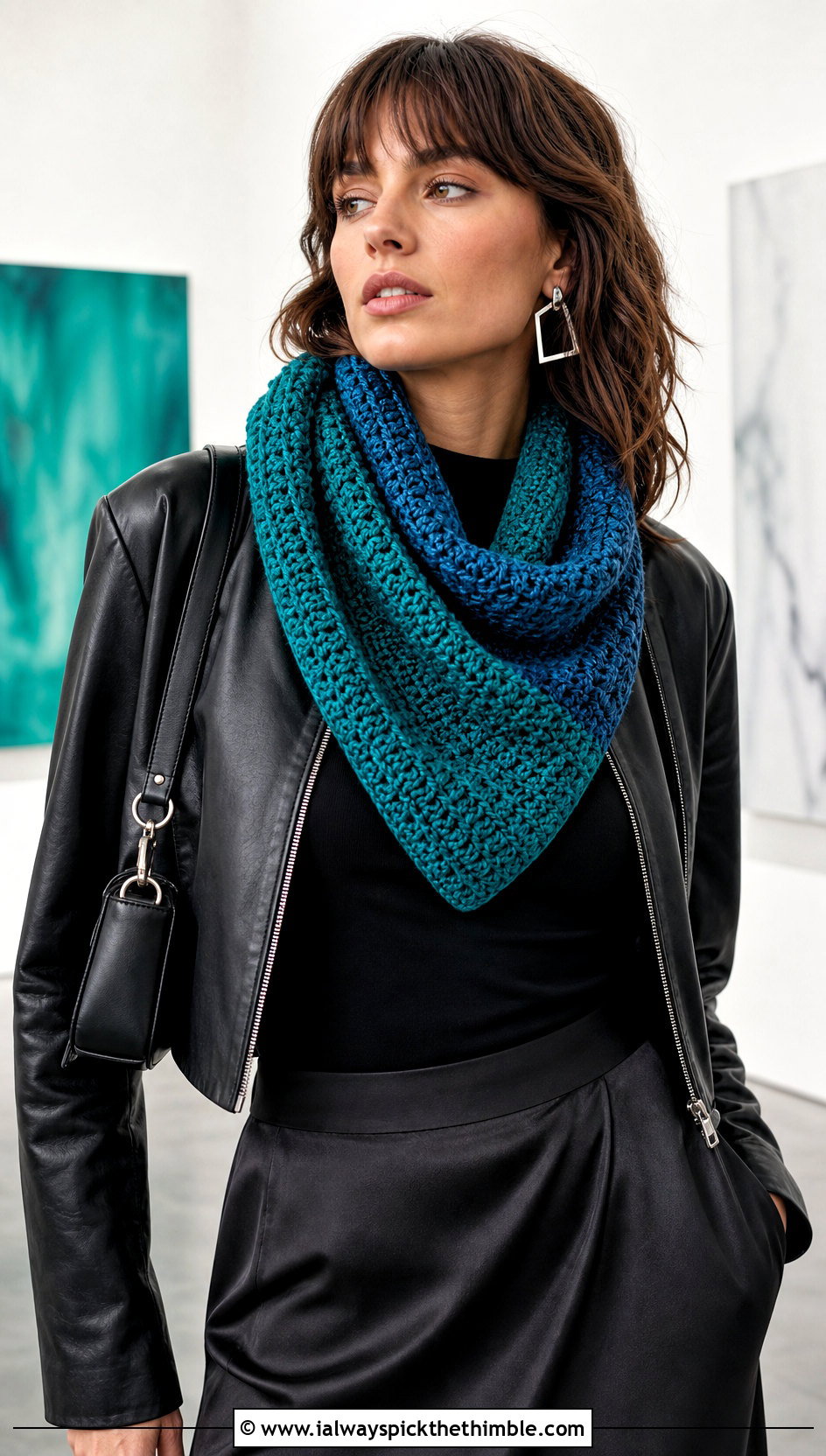 Two Color Fable Crochet Cowl With Leather Jacket And Satin Skirt - 20 fable crochet cowl outfit ideas