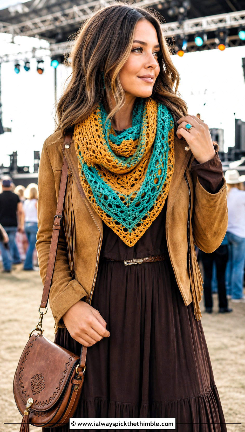 Two Color Fable Crochet Cowl With Maxi Dress And Western Boots - 20 fable crochet cowl outfit ideas