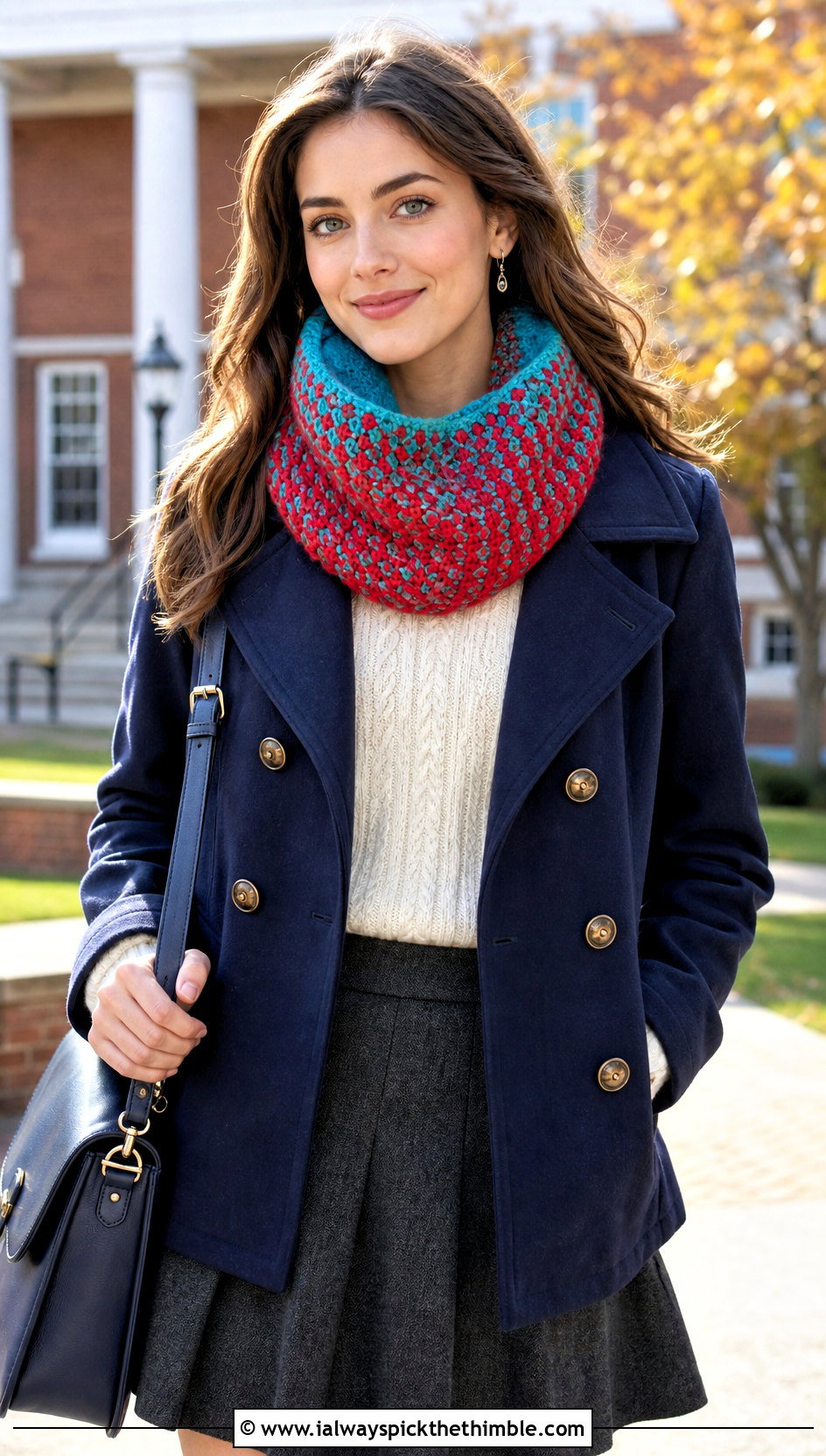 Two Color Fable Crochet Cowl With Peacoat And Mini Skirt - 20 fable crochet cowl outfit ideas