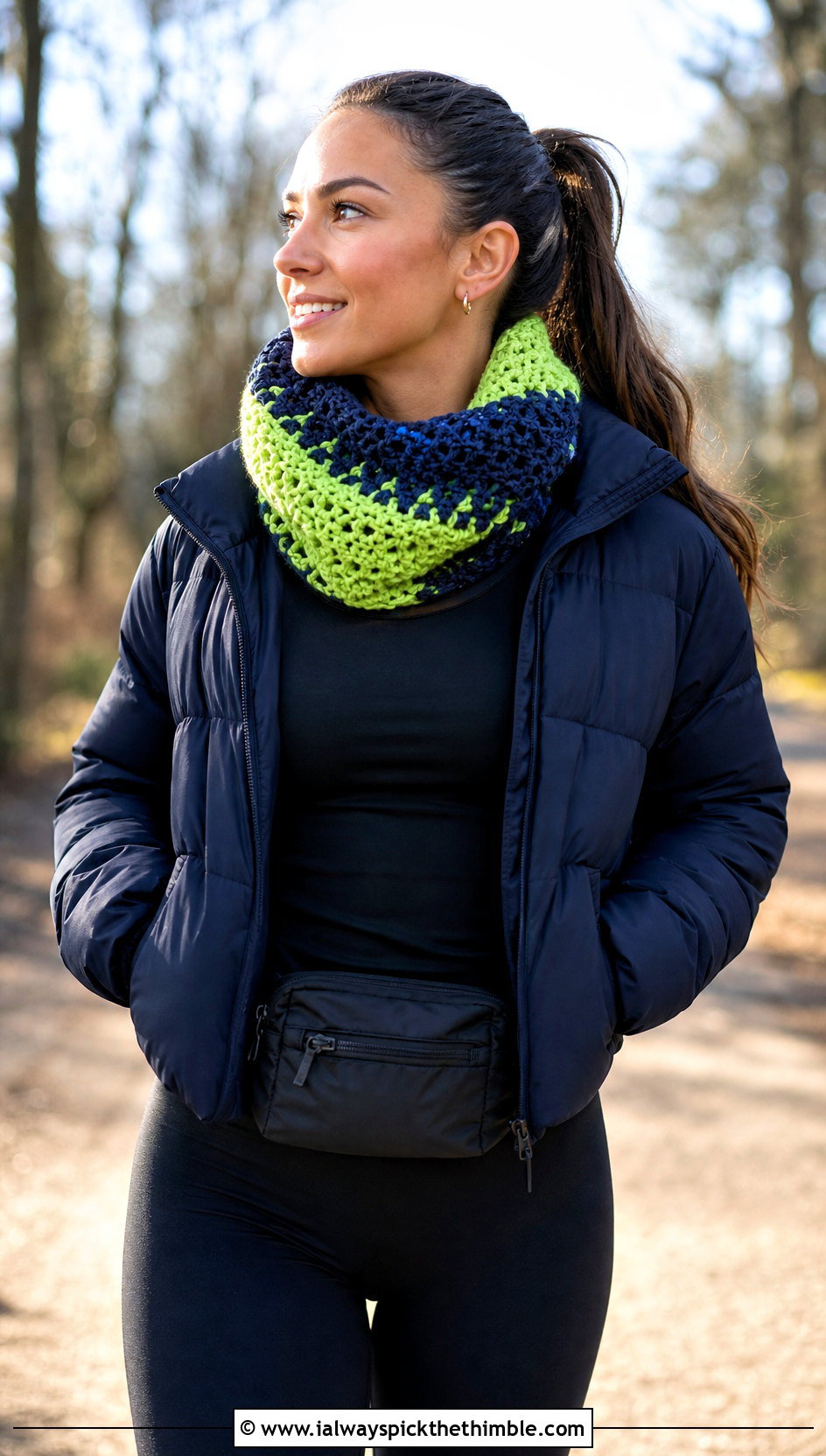 Two Color Fable Crochet Cowl With Puffer Jacket And Leggings - 20 fable crochet cowl outfit ideas