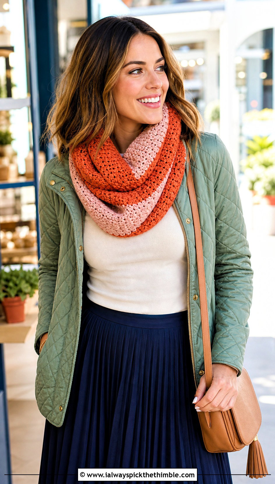 Two Color Fable Crochet Cowl With Quilted Jacket And Pleated Skirt - 20 fable crochet cowl outfit ideas