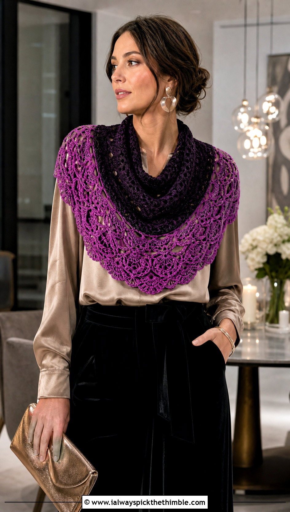 Two Color Fable Crochet Cowl With Satin Blouse And Velvet Trousers - 20 fable crochet cowl outfit ideas