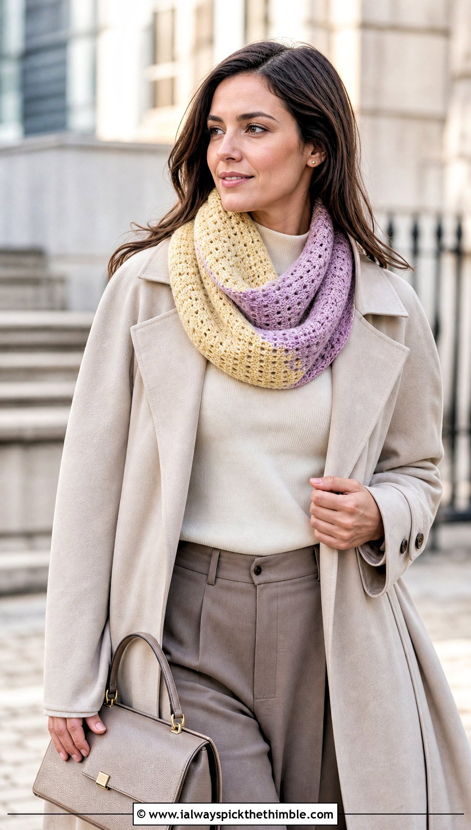 Two Color Fable Crochet Cowl With Trench Coat And Trousers - 20 fable crochet cowl outfit ideas