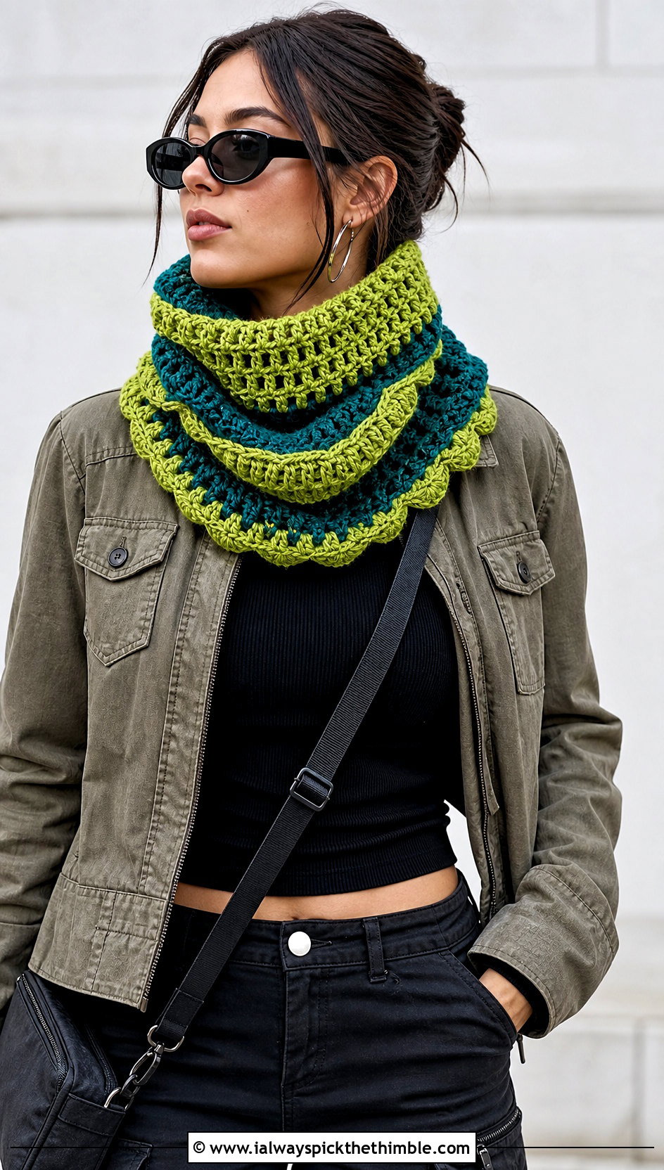 Two Color Fable Crochet Cowl With Utility Jacket And Cargo Pants - 20 fable crochet cowl outfit ideas