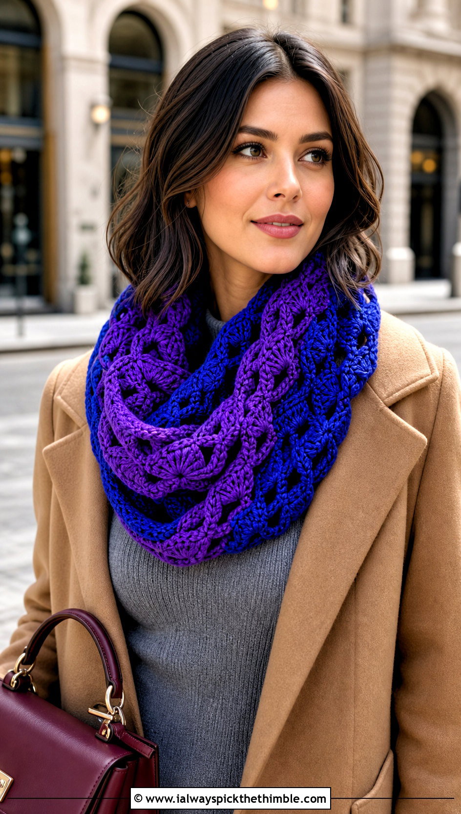 Two Color Fable Crochet Cowl With Wool Coat And Wide Leg Pants - 20 fable crochet cowl outfit ideas