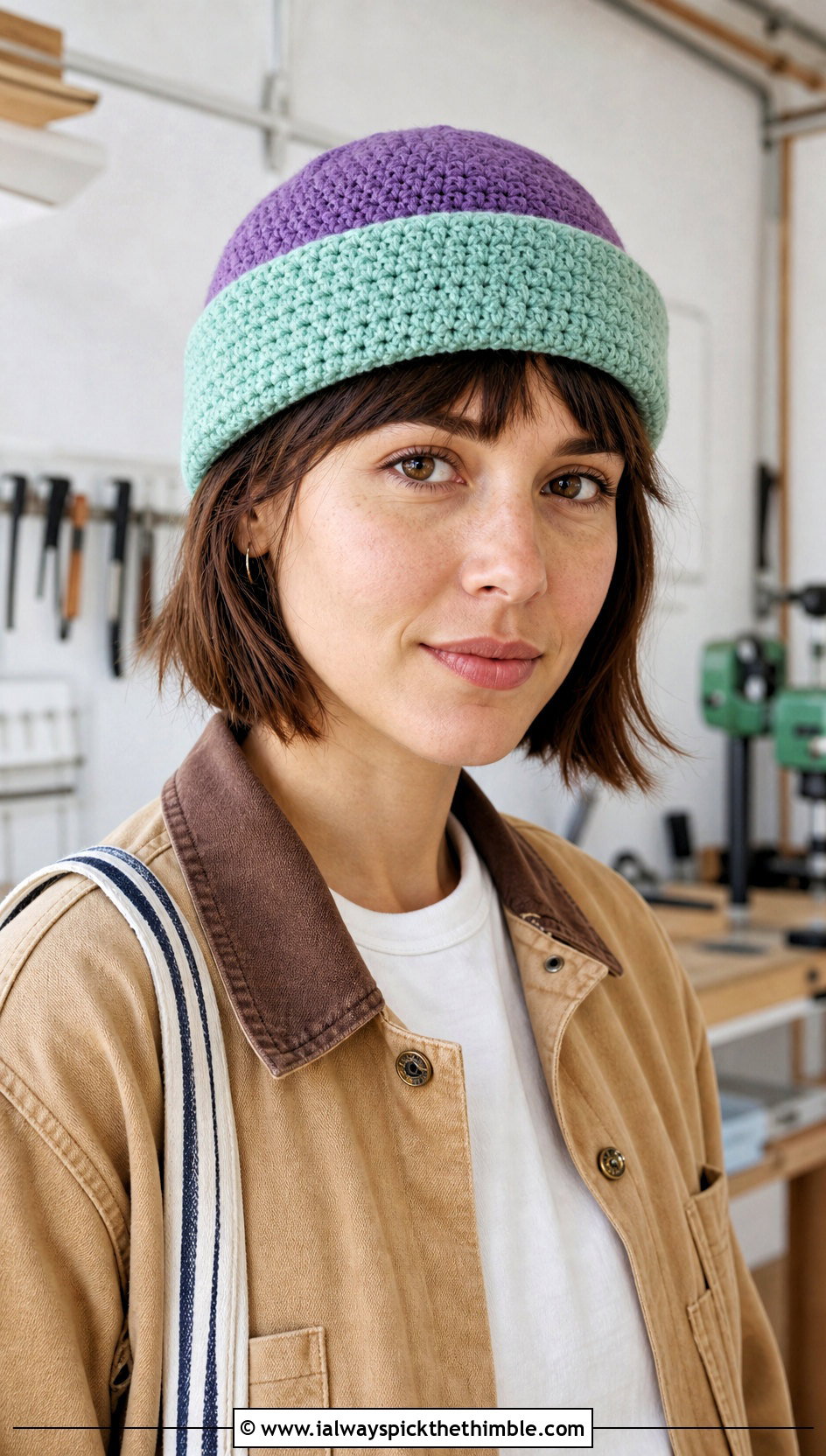Two Color Fisherman Crochet Beanie With Workwear Jacket - 20 two color crochet hat outfit ideas