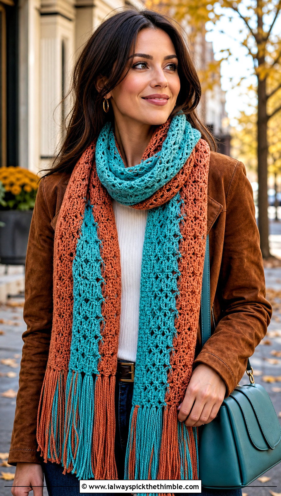 Two Color Fringe Crochet Scarf With Suede Jacket - 25 two color crochet scarf outfit ideas