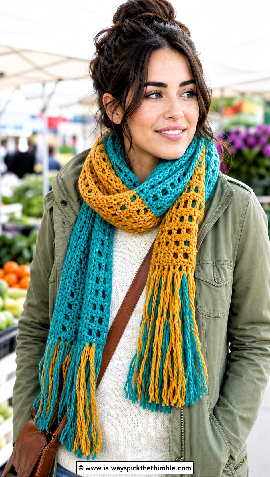 Two Color Fringed Crochet Scarf With Utility Jacket - 20 2 color crochet scarf outfit ideas