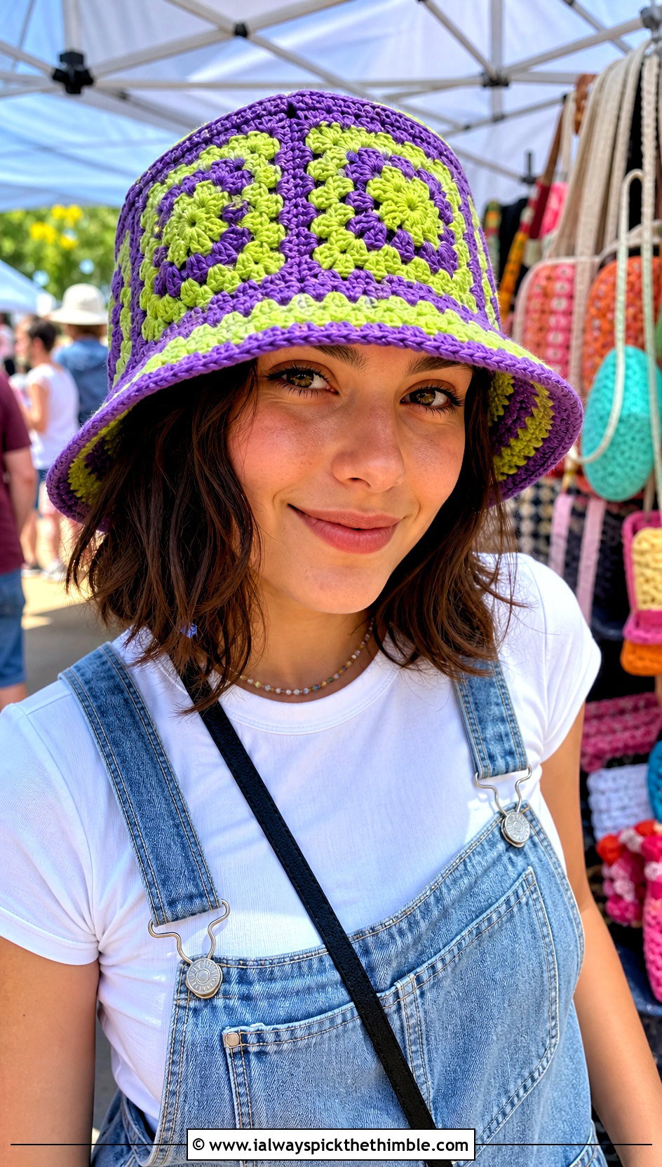 Two Color Granny Square Crochet Bucket Hat With Overalls - 20 two color crochet hat outfit ideas