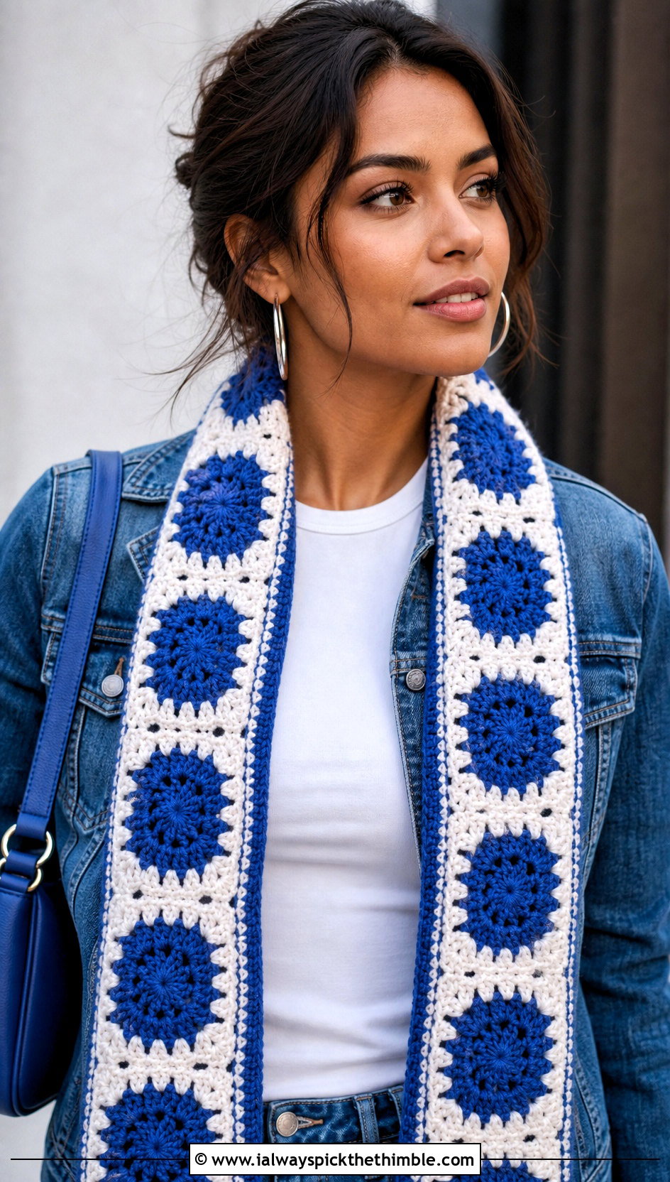 Two Color Granny Square Crochet Scarf With Denim Jacket - 25 two color crochet scarf outfit ideas