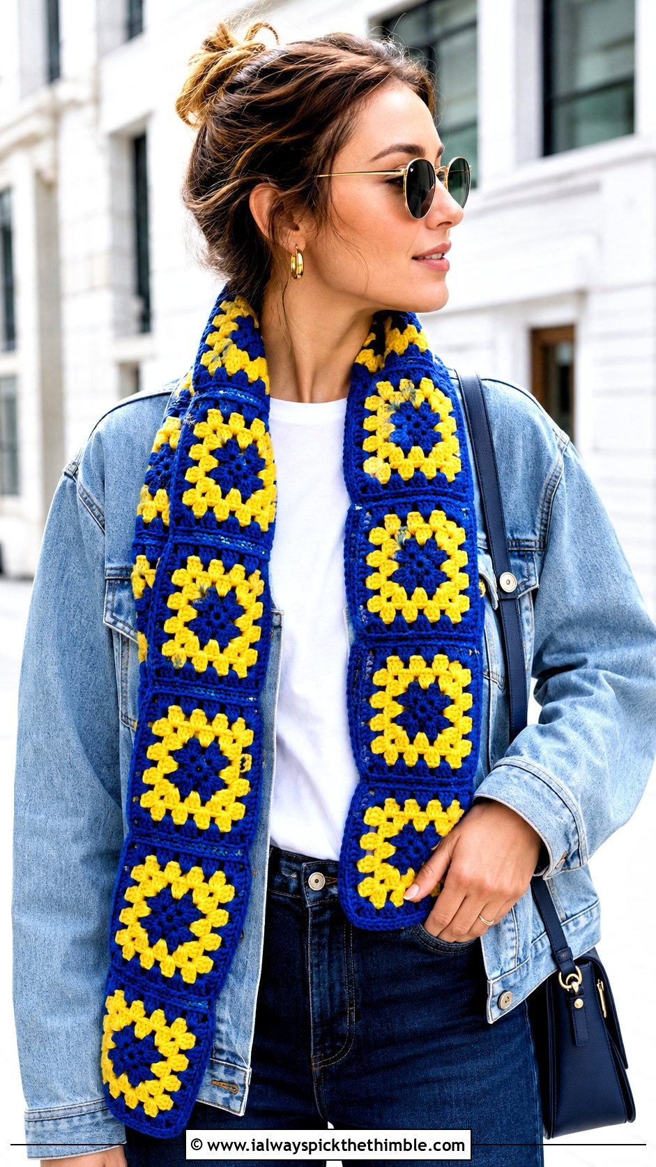 Two Color Granny Square Crochet Scarf With Denim Jacket - 20 2 color crochet scarf outfit ideas