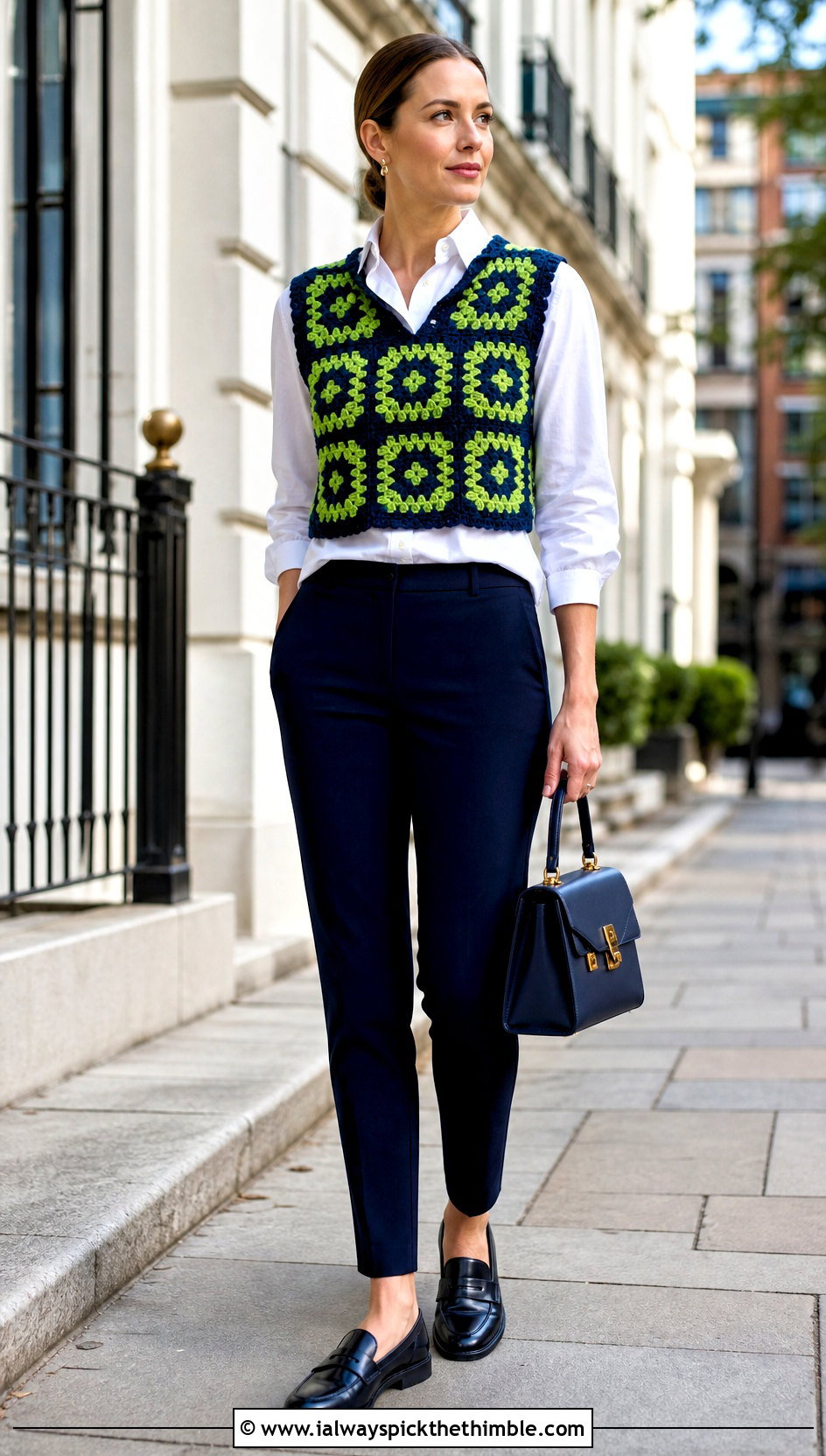 Two Color Granny Square Crochet Vest Top With Button Down Shirt - 20 two colored crochet top outfit ideas