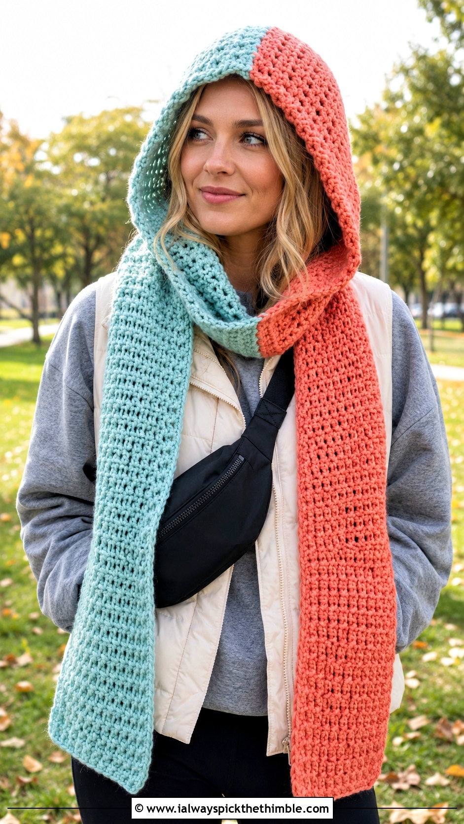 Two Color Hooded Crochet Scarf With Puffer Vest - 20 2 color crochet scarf outfit ideas