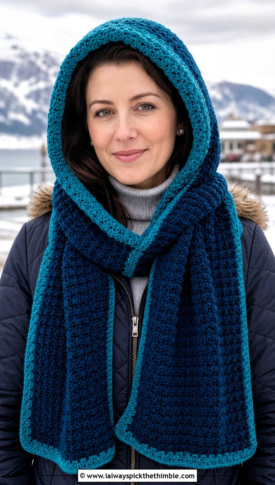 Two Color Hooded Crochet Scarf With Quilted Coat - 25 two color crochet scarf outfit ideas