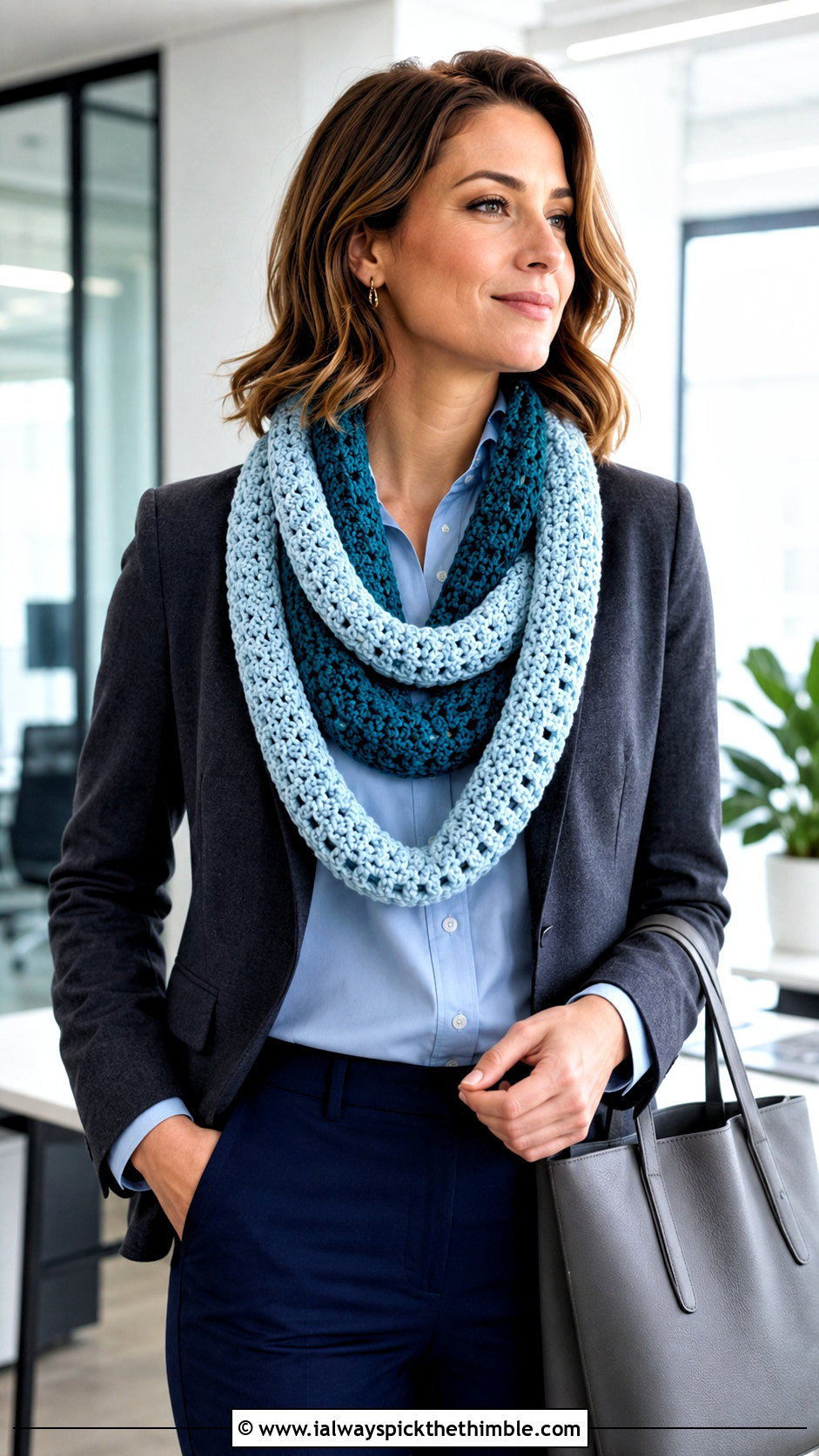 Two Color Infinity Crochet Scarf With Blazer - 20 2 color crochet scarf outfit ideas