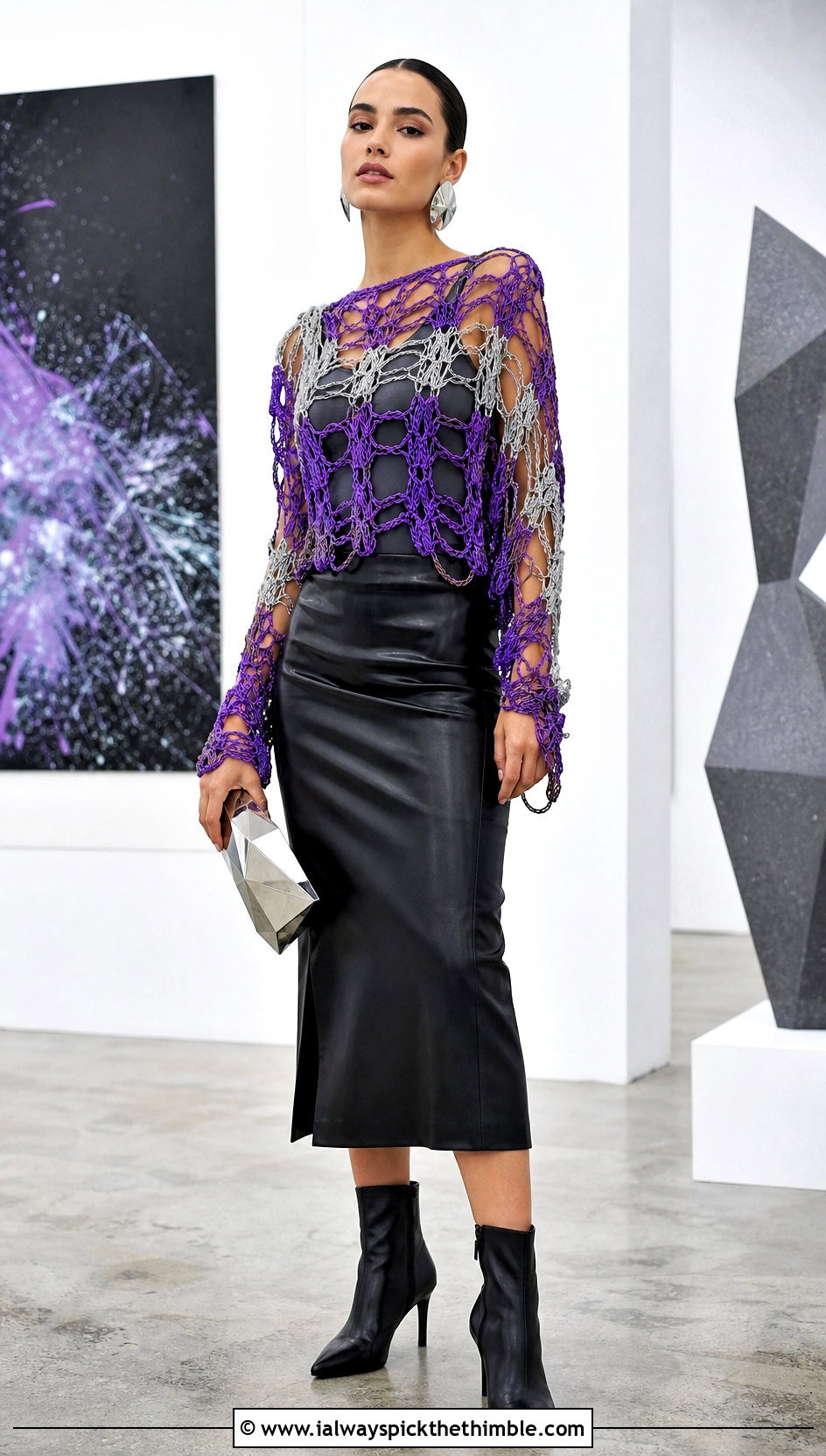 Two Color Mesh Crochet Long Sleeve Top With Leather Midi Skirt - 20 two colored crochet top outfit ideas