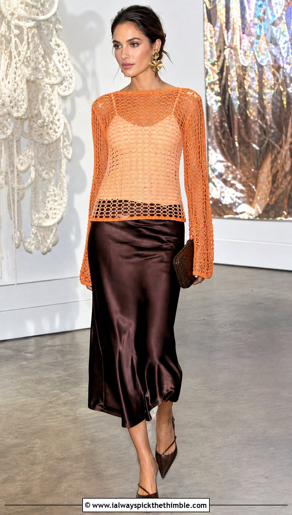 Two Color Mesh Crochet Long Sleeve Top With Slip Skirt - 20 two colour crochet top outfit ideas