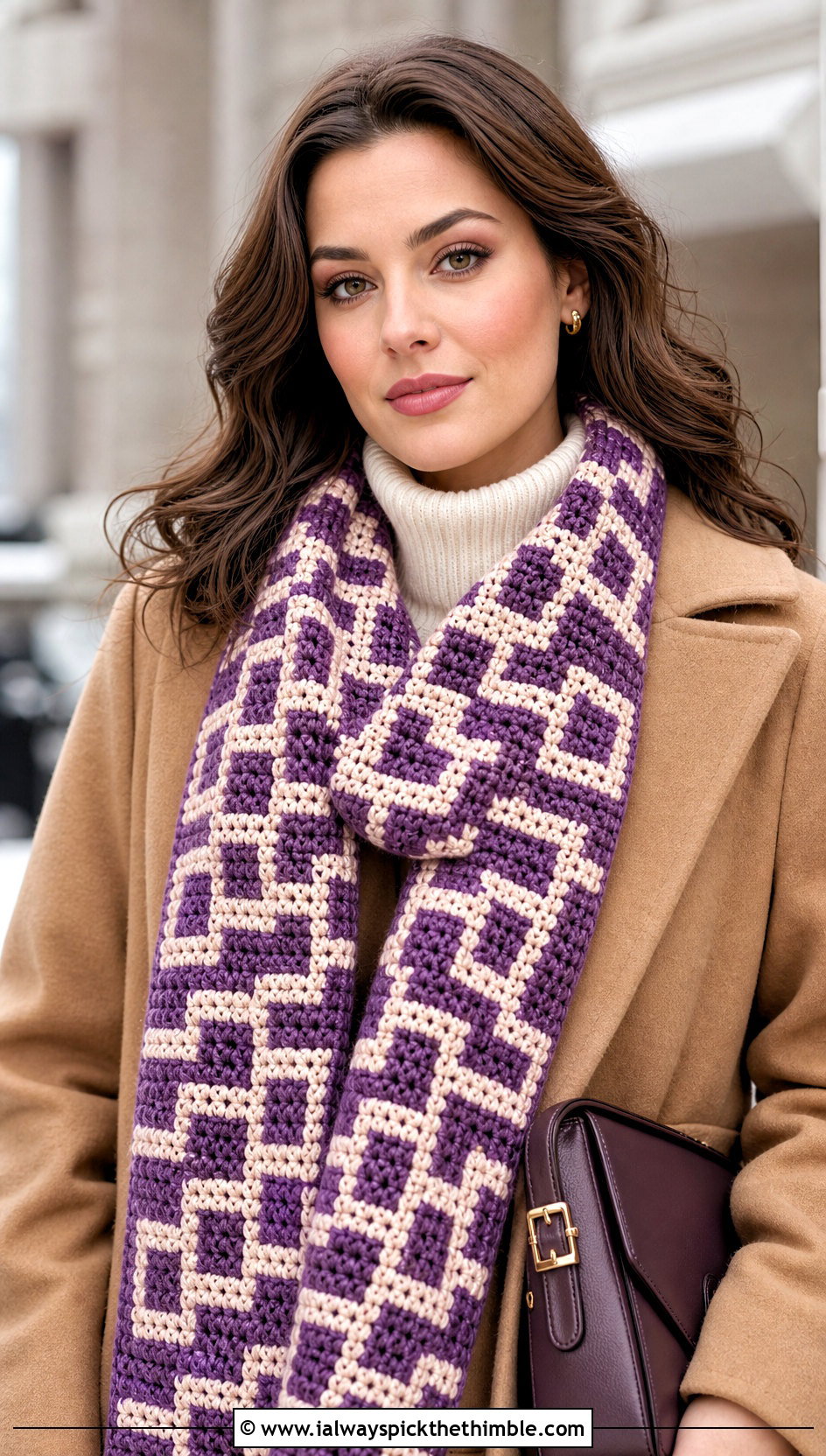 Two Color Mosaic Crochet Scarf With Camel Coat - 25 two color crochet scarf outfit ideas