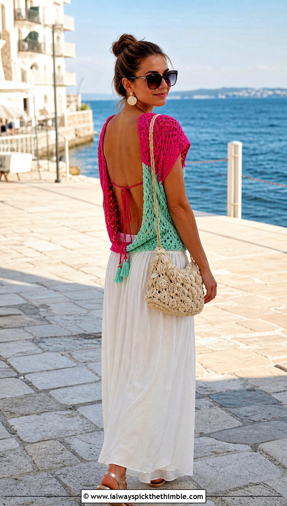 Two Color Open Back Crochet Top With Flowing Maxi Skirt - 20 two colored crochet top outfit ideas