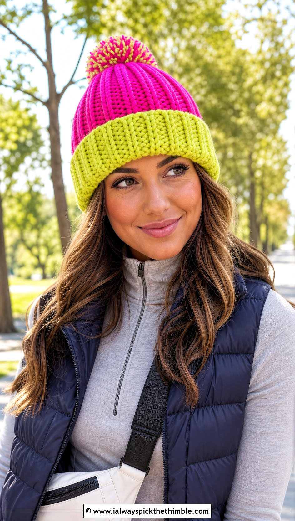 Two Color Pom Pom Crochet Beanie With Athleisure - 20 Two Colors Crochet Hat outfit ideas