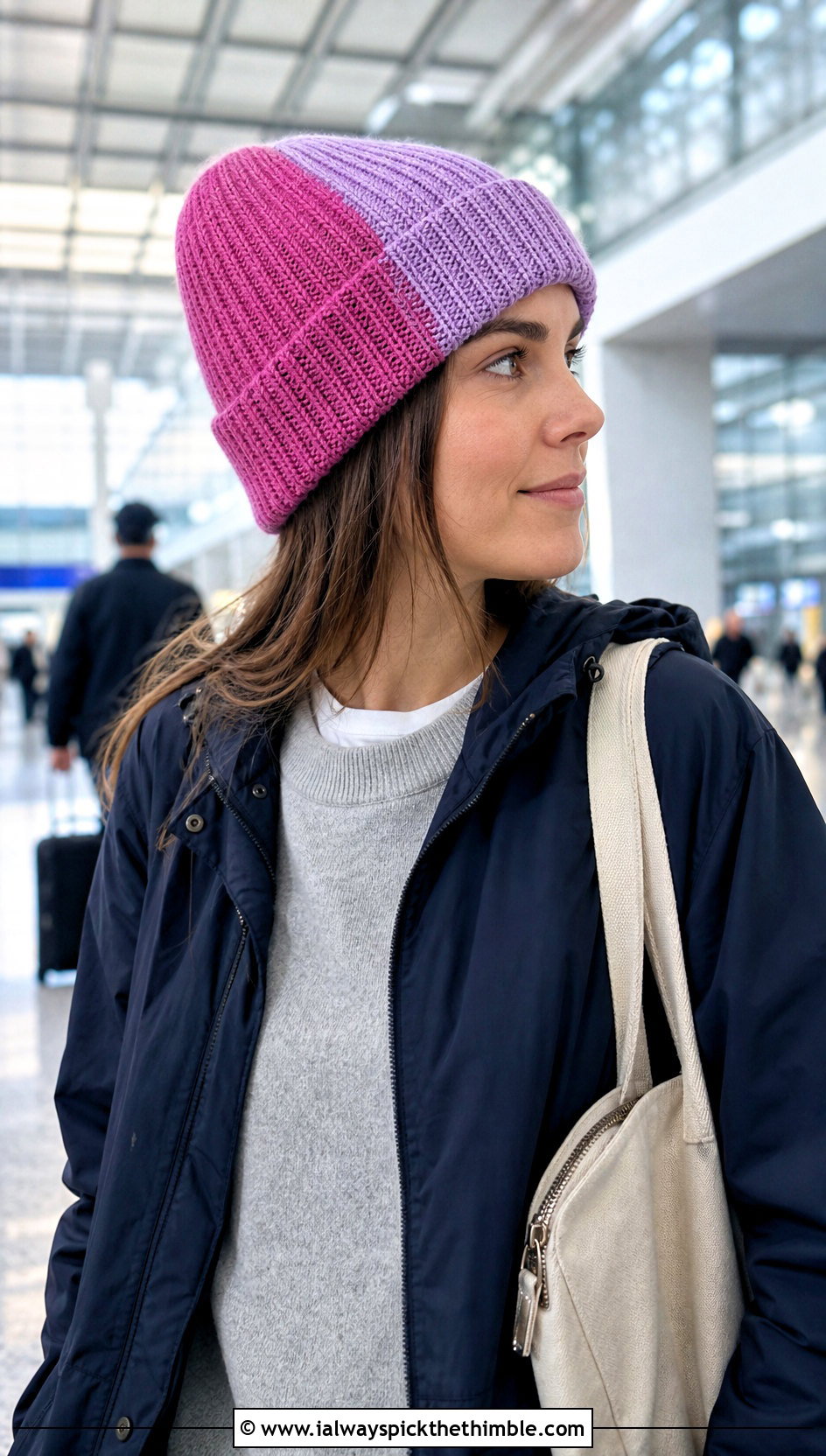 Two Color Ribbed Crochet Beanie With Airport Outfit - 25 crochet beanie outfit ideas