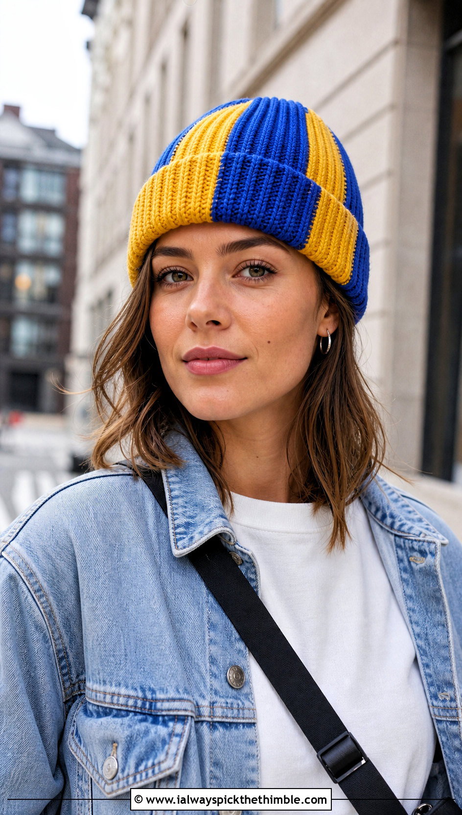Two Color Ribbed Crochet Beanie With Denim Jacket - 20 two color crochet hat outfit ideas