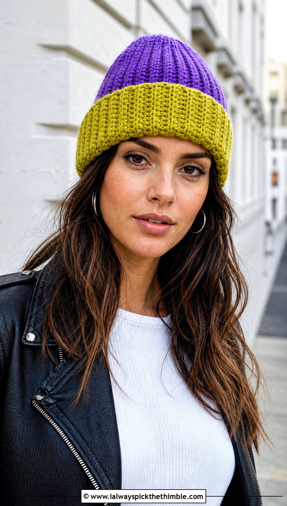 Two Color Ribbed Crochet Beanie With Leather Jacket - 20 Two Colors Crochet Hat outfit ideas