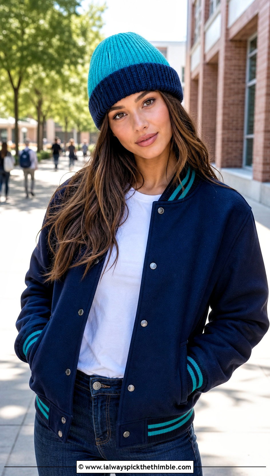Two Color Ribbed Knit Look Crochet Beanie With Varsity Jacket - 20 knit look crochet beanie outfit ideas