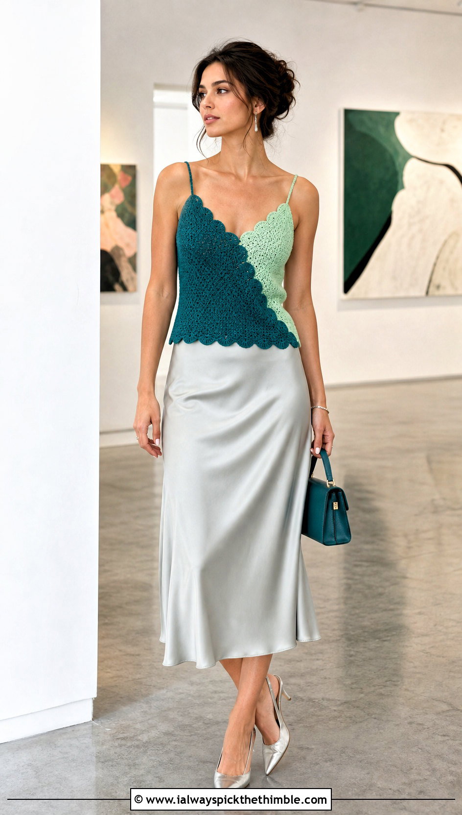 Two Color Scalloped Crochet Camisole With Satin Midi Skirt - 20 two colored crochet top outfit ideas