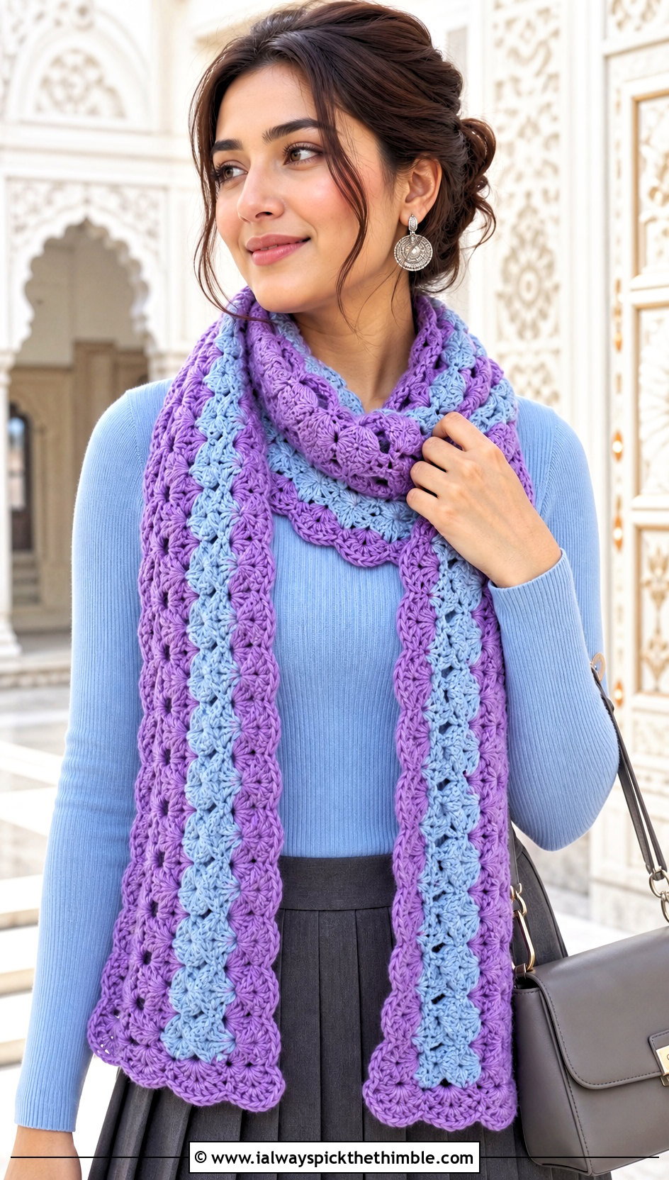 Two Color Shell Stitch Crochet Scarf With Pleated Skirt - 25 two color crochet scarf outfit ideas