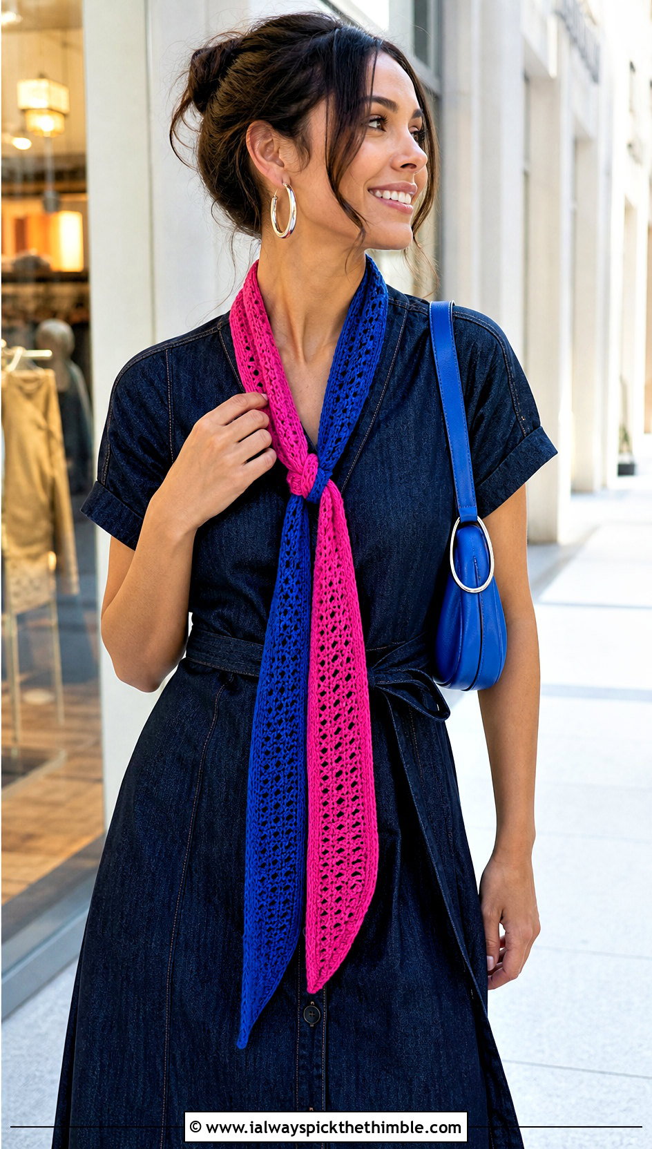 Two Color Skinny Crochet Scarf With Denim Dress - 20 2 color crochet scarf outfit ideas