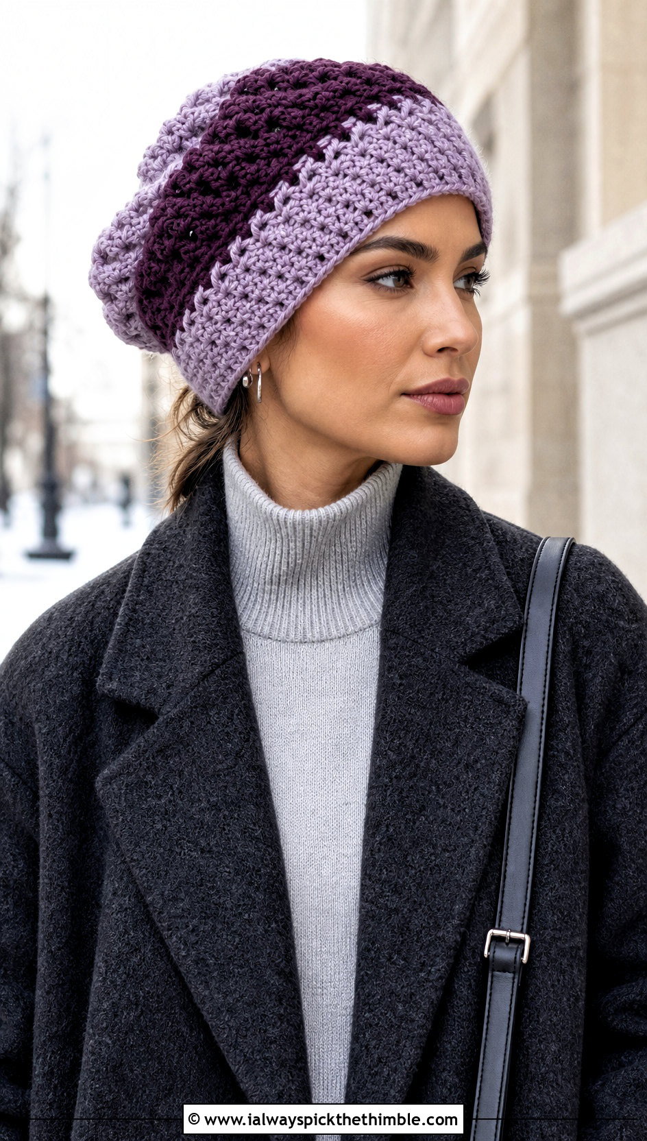 Two Color Slouchy Crochet Beanie With Long Coat - 20 two color crochet hat outfit ideas
