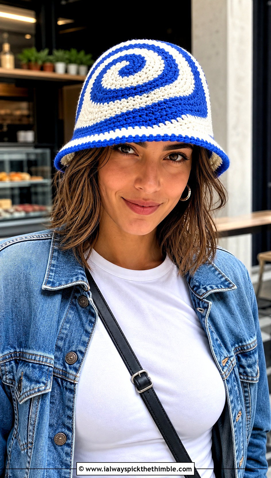 Two Color Spiral Bucket Hat With Double Denim - 15 crochet vintage swirl hat outfit ideas