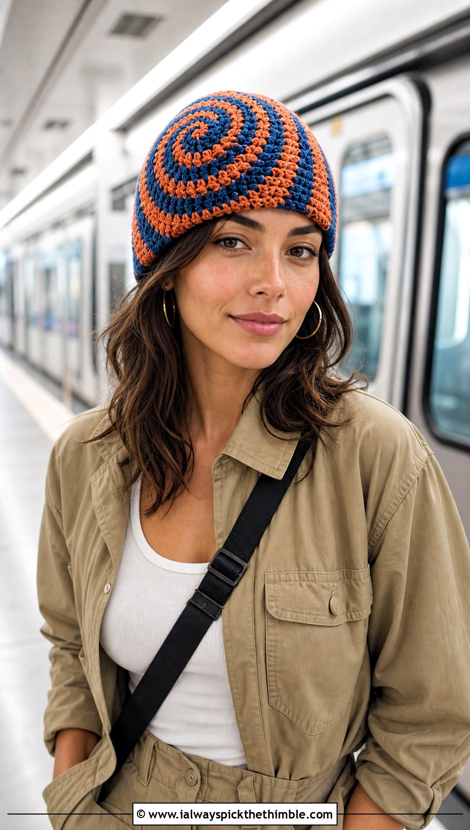 Two Color Spiral Crochet Beanie With Utility Jumpsuit - 20 Two Colors Crochet Hat outfit ideas
