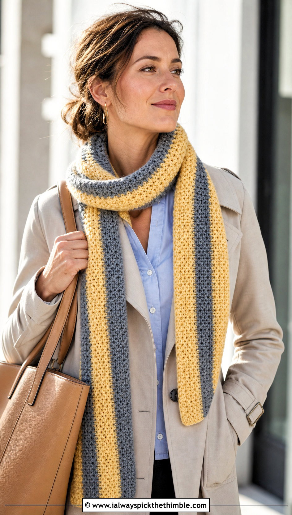 Two Color Striped Moss Stitch Crochet Scarf With Trench Coat - 25 two color crochet scarf outfit ideas