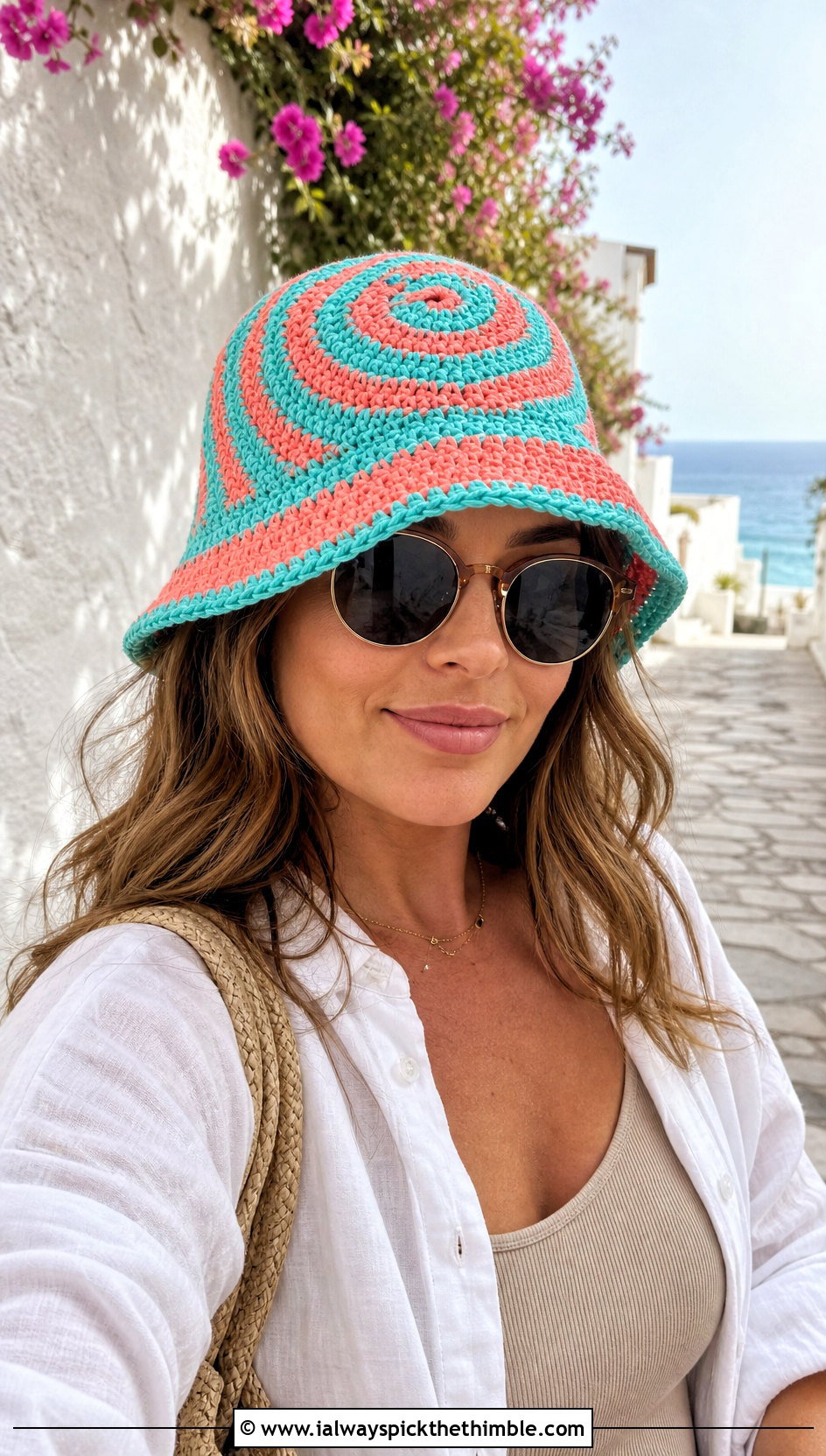 Two Color Swirl Crochet Bucket Hat With Linen Set - 20 two color crochet hat outfit ideas