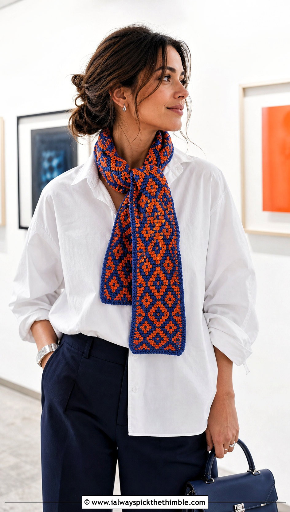 Two Color Tapestry Crochet Scarf With White Shirt - 25 two color crochet scarf outfit ideas