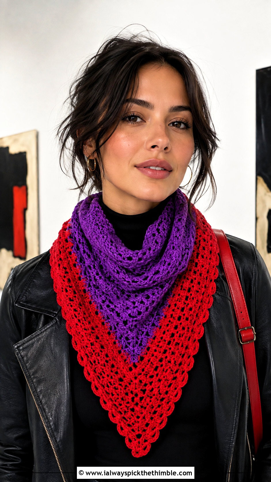 Two Color Triangle Crochet Scarf With Leather Jacket - 20 2 color crochet scarf outfit ideas