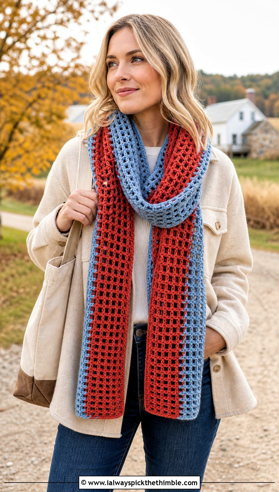 Two Color Waffle Stitch Crochet Scarf With Shacket - 25 two color crochet scarf outfit ideas