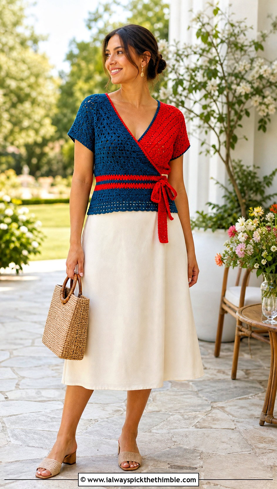 Two Color Wrap Crochet Top With A Line Midi Skirt - 20 two colored crochet top outfit ideas