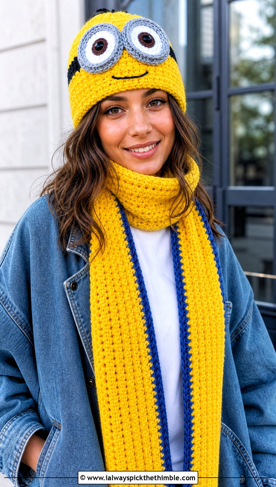Two Eye Crochet Beanie And Long Scarf With Denim Jacket - 15 minion-themed crochet hat and scarf outfit ideas