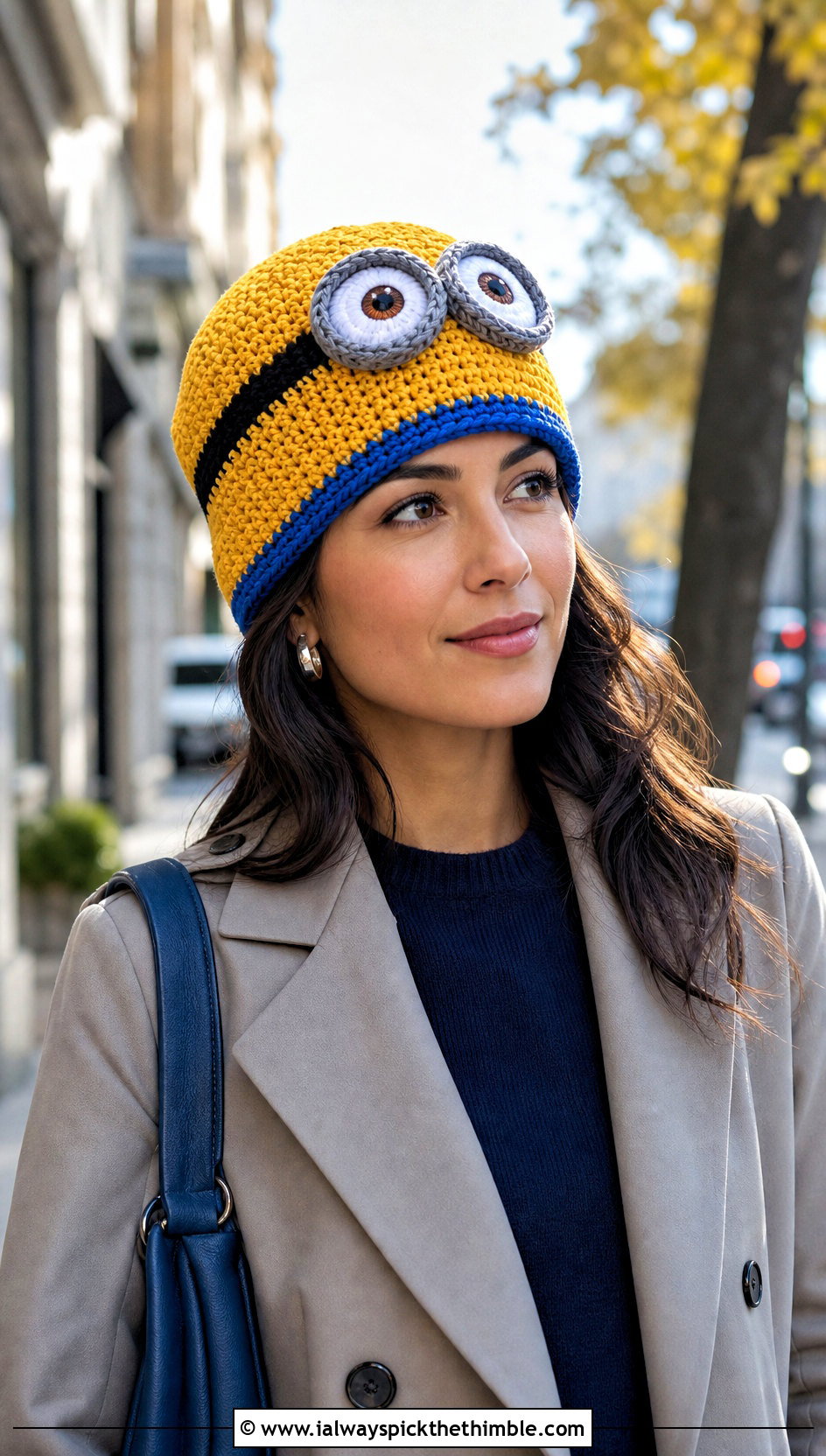 Two Eye Cuffed Crochet Minion Beanie With Trench Coat - 20 Crochet Minion Hats outfit ideas