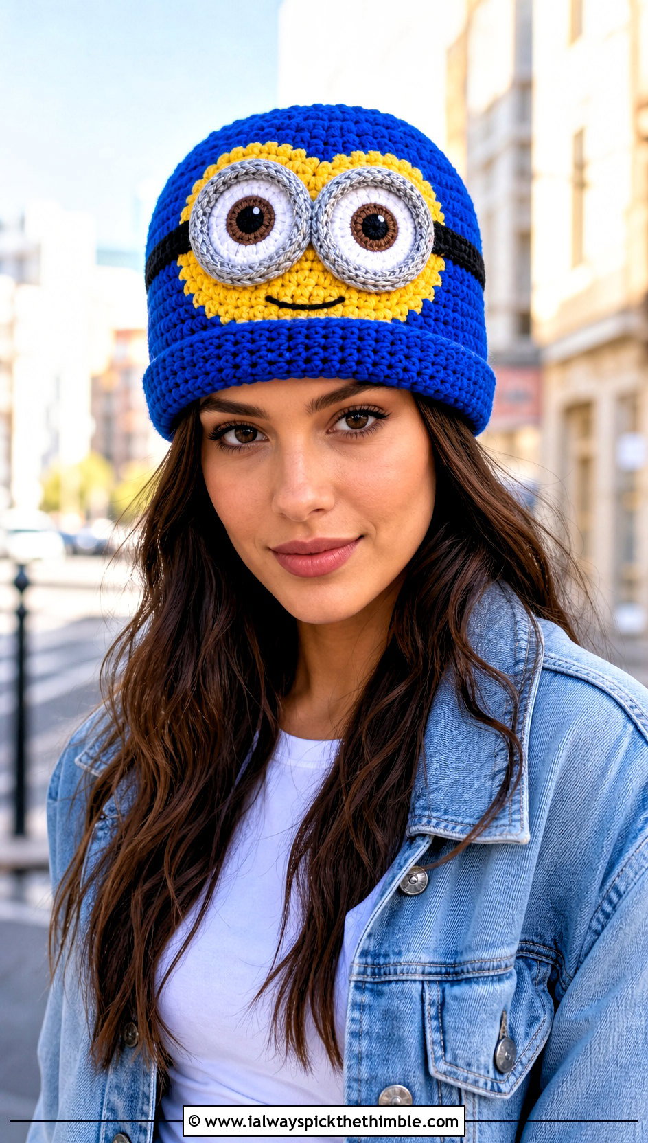 Two Eye Cuffed Minion Crochet Beanie With Denim Jacket - 20 minion crochet beanie outfit ideas