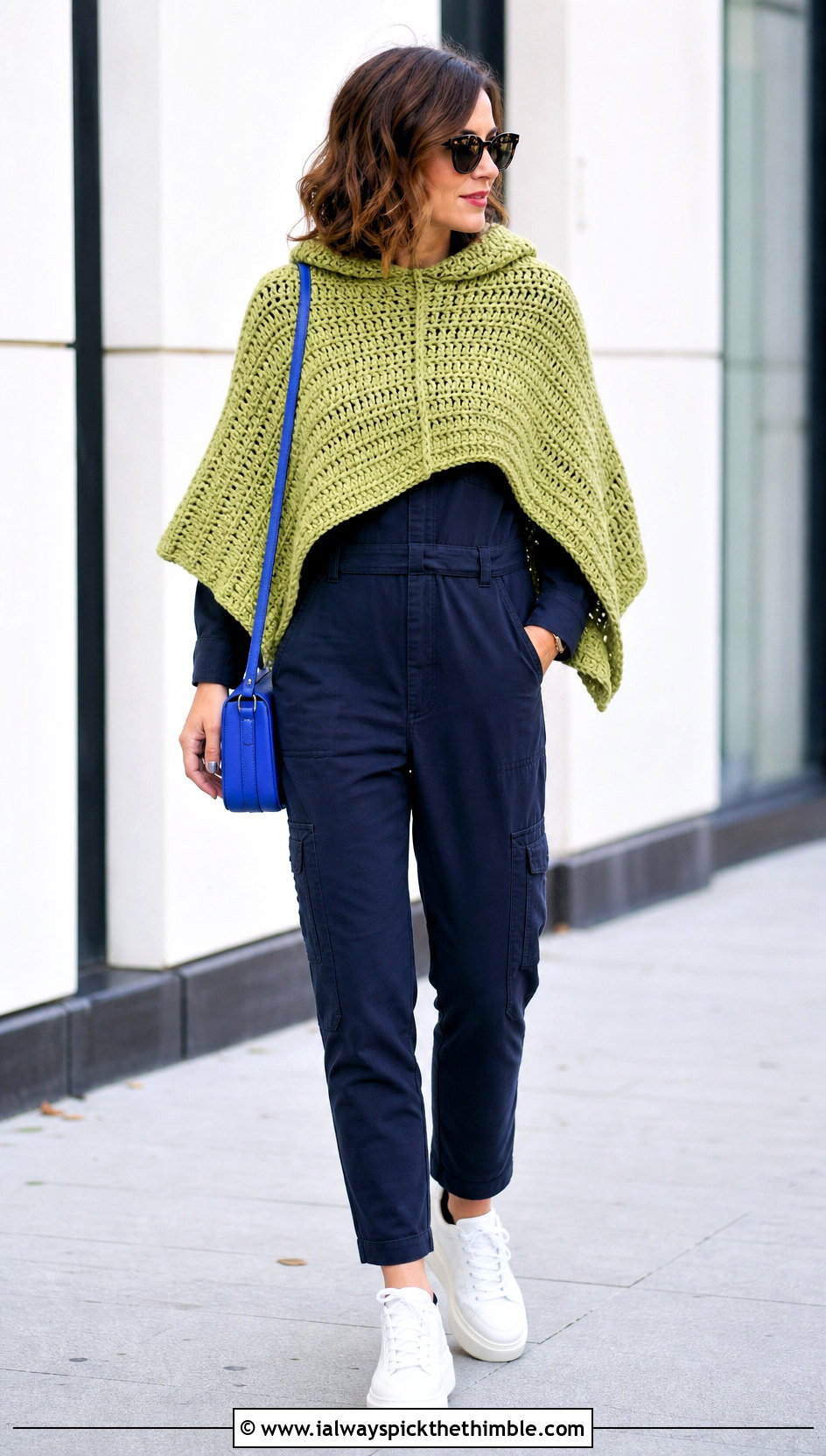 Two Panel Crochet Hooded Poncho With Utility Jumpsuit - 25 Crochet Hooded Poncho outfit ideas