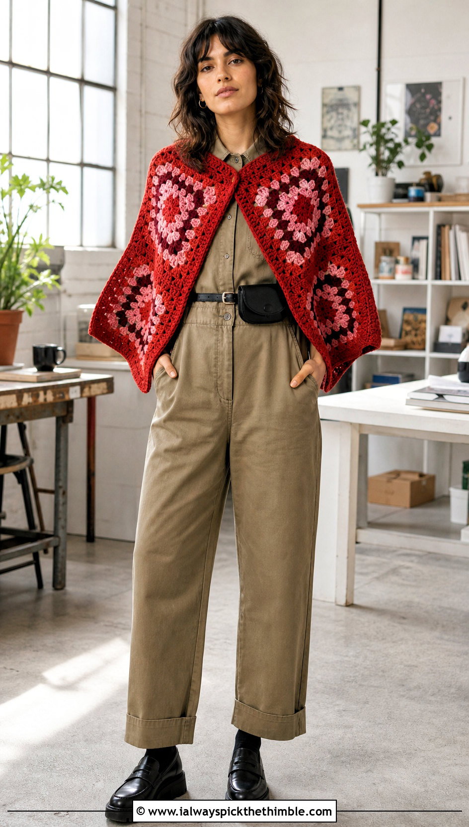 Two Panel Granny Square Poncho With Utility Jumpsuit - 15 easy granny square poncho outfit ideas